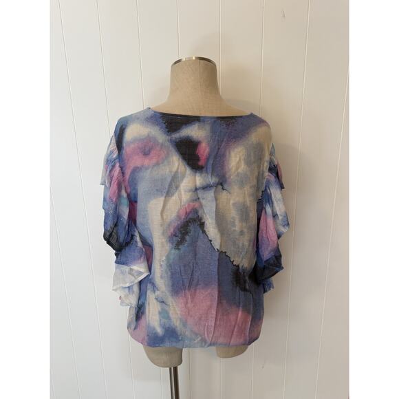Zac & Rachel Blouse Womens Large Ruffle Sleeve Watercolor Top Lightweight Flowy - Picture 6 of 9